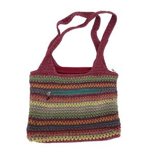 The Sak Crochet Shoulder Bag Multi-Color Striped Boho Tote Zippered Purse